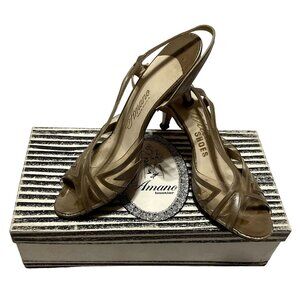 TAN LEATHER AMANO DRESS HEELS 8N  3" INCH HEEL PEEP TOE W/ BOX WOMENS VINTAGE